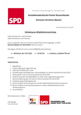 Kandidatennominierung für Kommunalwahl bei SPD-Mitgliederversammlung am 25.11.